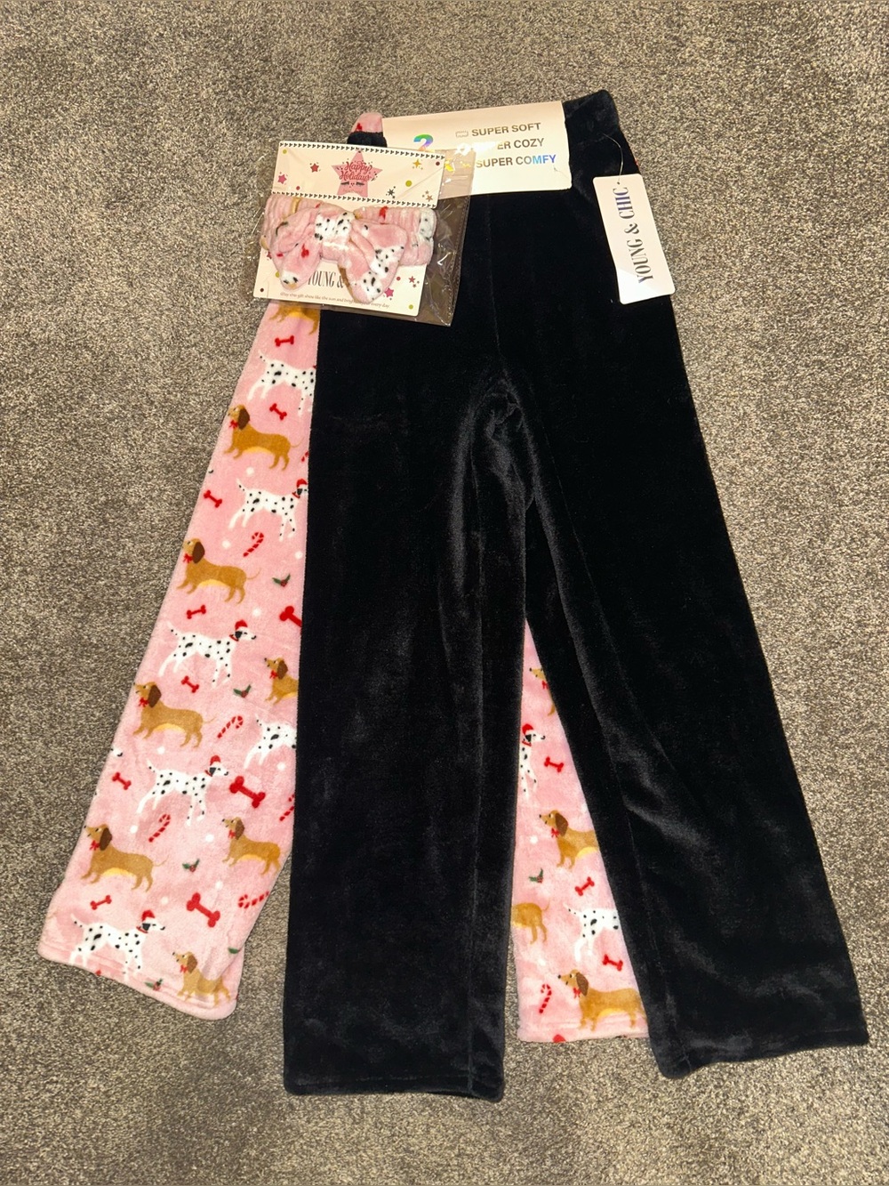 Girls' Black Velvet Pajama Bottoms with Pink Dog-Print Panel